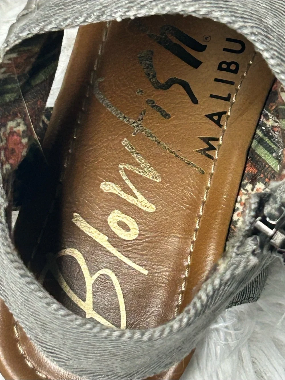 Women's Blowfish Malibu Gray Denim Peep-Toe Sandals snake skin strap
